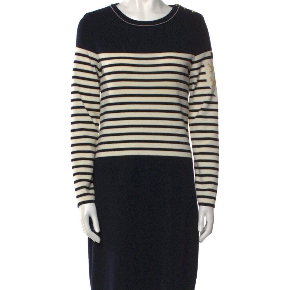 Saint James Wool Shift Dress Striped Long Sleeve with Crew Neck.